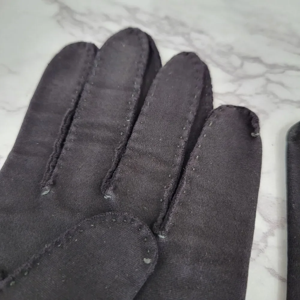 1950s Hand Made Hand Stitched Elegant Black Gloves with Subtle Dot Pattern